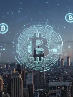 Paisaje urbano futurista de Nueva York con símbolos de Bitcoin, representando el crecimiento económico y la innovación tecnológica.
