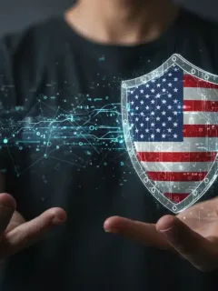 Escudo digital protegiendo una red blockchain con elementos regulatorios de EE. UU. en 2026.