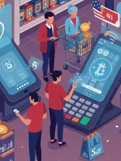 Integración de criptomonedas en el comercio minorista de Estados Unidos, mostrando pagos digitales y transacciones innovadoras.