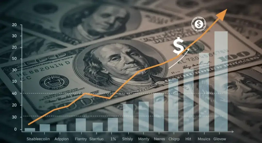 Gráfico que ilustra el crecimiento del 12% mensual en la adopción de stablecoins debido a la política monetaria de EE. UU.