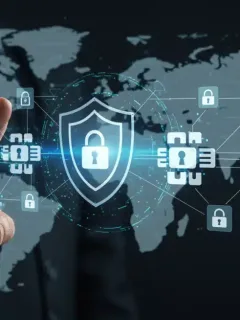 Red blockchain segura con smart contracts y un escudo protector, representando la robustez del código en Estados Unidos 2026.