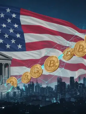 Gráfico interconectado de tipos de interés de la Fed y precios de criptomonedas con fondo futurista de EE. UU.