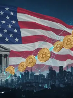 Gráfico interconectado de tipos de interés de la Fed y precios de criptomonedas con fondo futurista de EE. UU.