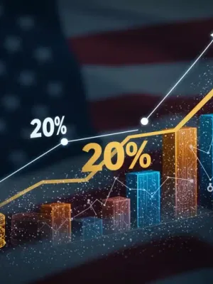 Gráfico que muestra el crecimiento del 20% de DeFi en EE. UU. para 2026, con elementos de blockchain y la bandera estadounidense.