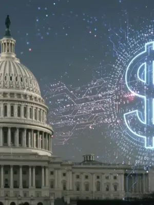 Dólar digital futurista con código binario y el Capitolio, simbolizando la digitalización de la moneda estadounidense en 2026.