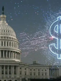 Dólar digital futurista con código binario y el Capitolio, simbolizando la digitalización de la moneda estadounidense en 2026.