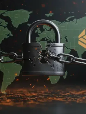 Cerradura digital rota con símbolos de criptomonedas y mapa de EE. UU., representando el hackeo de CryptoVault y la necesidad de seguridad urgente.