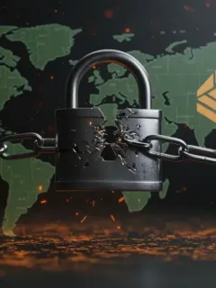 Cerradura digital rota con símbolos de criptomonedas y mapa de EE. UU., representando el hackeo de CryptoVault y la necesidad de seguridad urgente.