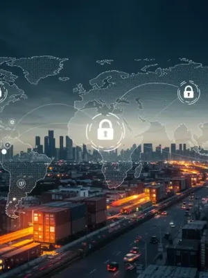 Red de cadena de suministro futurista impulsada por blockchain mostrando transparencia y eficiencia.