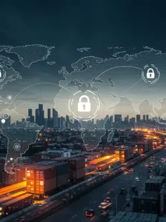 Red de cadena de suministro futurista impulsada por blockchain mostrando transparencia y eficiencia.