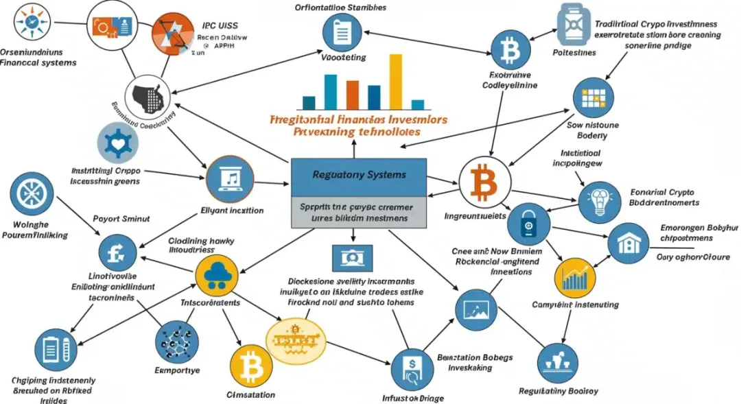 Diagrama de red que conecta sistemas financieros tradicionales, reguladores y tecnología blockchain por la inversión institucional.