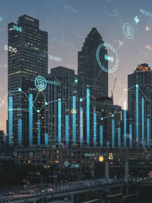 Edificios financieros tradicionales fusionados con gráficos de criptomonedas y redes blockchain, simbolizando la inversión institucional en cripto en EE. UU.