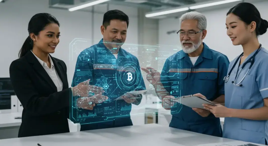 Profesionales de diversos sectores colaborando en torno a una pantalla holográfica que muestra registros blockchain y contratos inteligentes.