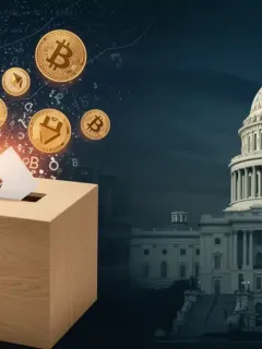 Urna electoral con símbolos de criptomonedas y el Capitolio de EE. UU. al fondo, representando el impacto político en el mercado cripto.