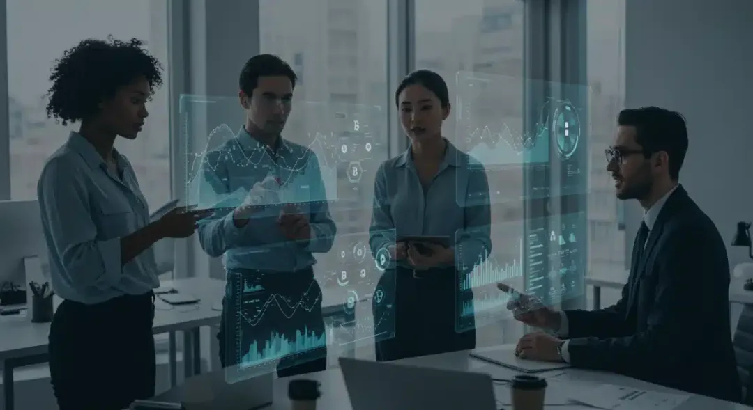 Profesionales financieros analizando gráficos de criptomonedas en pantallas holográficas, simbolizando la adopción institucional.