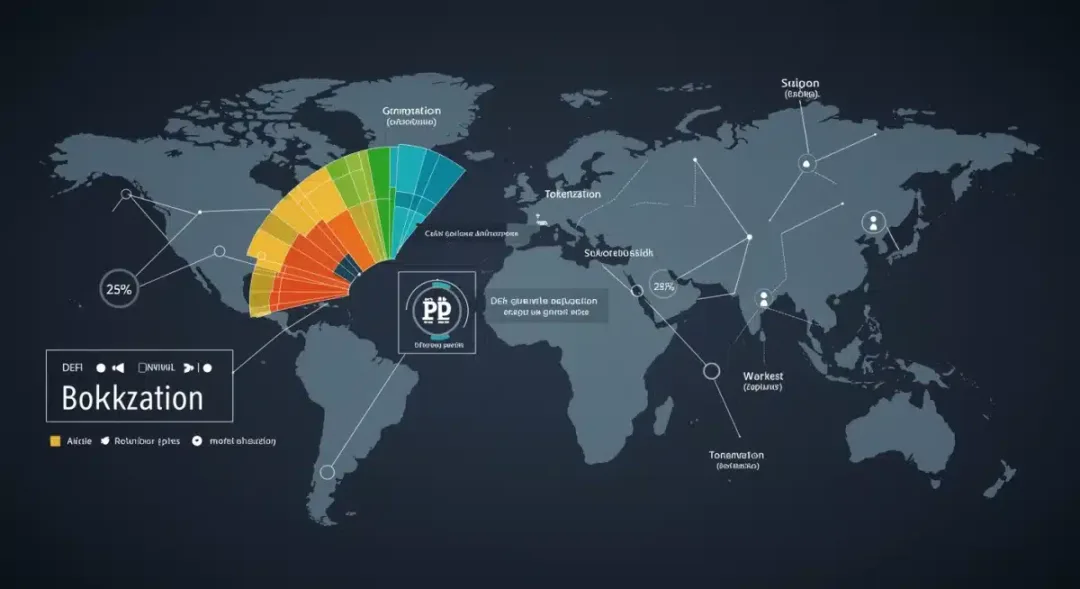 Red blockchain con nodos interconectados, destacando sectores de DeFi y tokenización con crecimiento del 25%.