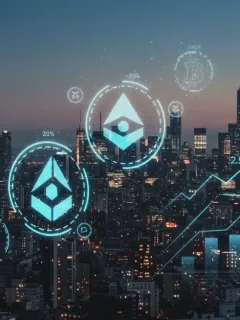 Paisaje urbano digital futurista con símbolos de criptomonedas, representando la creciente inversión institucional en el mercado estadounidense para 2026.