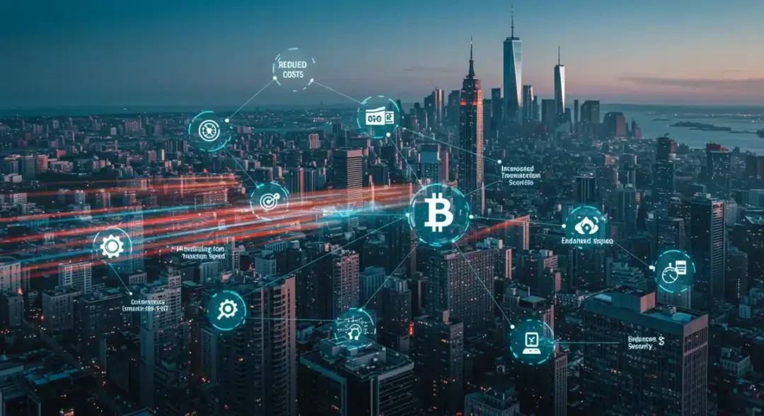 Representación de los beneficios de la escalabilidad blockchain, incluyendo reducción de costes y aumento de velocidad, aplicada a empresas en Estados Unidos.