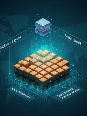 Representación visual de las capas 1 y 2 de blockchain, destacando su interacción para mejorar la eficiencia y escalabilidad en el ecosistema cripto.