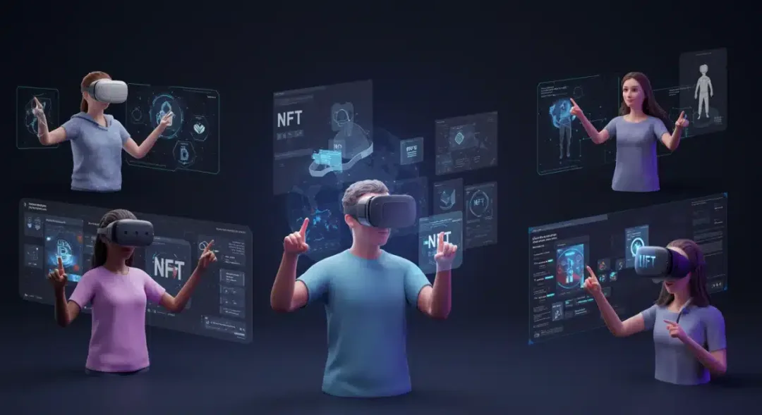 Personas interactuando con NFTs en el metaverso y realidad aumentada, impulsando nuevas oportunidades de mercado.