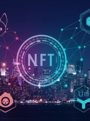 Futuro vibrante de los NFTs en el mercado de EE. UU. con elementos digitales y el horizonte de Nueva York.
