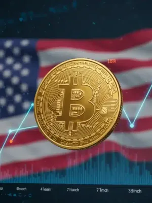 Gráfico que muestra un cambio del 18% en el volumen de trading de Bitcoin en EE. UU. durante tres meses, con elementos gráficos de mercado y la bandera estadounidense.