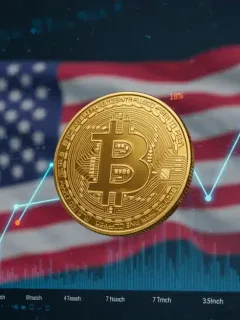 Gráfico que muestra un cambio del 18% en el volumen de trading de Bitcoin en EE. UU. durante tres meses, con elementos gráficos de mercado y la bandera estadounidense.