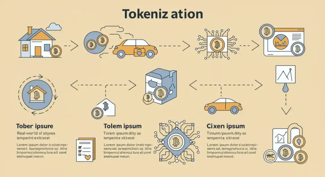 Infografía detallada del proceso de tokenización, transformando activos reales en tokens digitales para mayor liquidez y propiedad fraccionada.