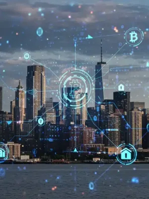 Paisaje urbano futurista con capas digitales de blockchain y activos tokenizados, simbolizando la fusión de finanzas tradicionales y tecnología digital en EE. UU.