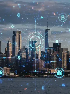Paisaje urbano futurista con capas digitales de blockchain y activos tokenizados, simbolizando la fusión de finanzas tradicionales y tecnología digital en EE. UU.