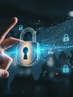 Cerradura digital futurista sobre red blockchain, simbolizando la seguridad avanzada de datos para empresas en EE. UU. en 2026.