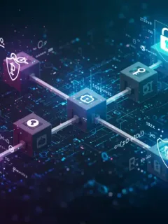 Ilustración futurista de una red blockchain con símbolos criptográficos que representan la seguridad digital y la protección de transacciones.