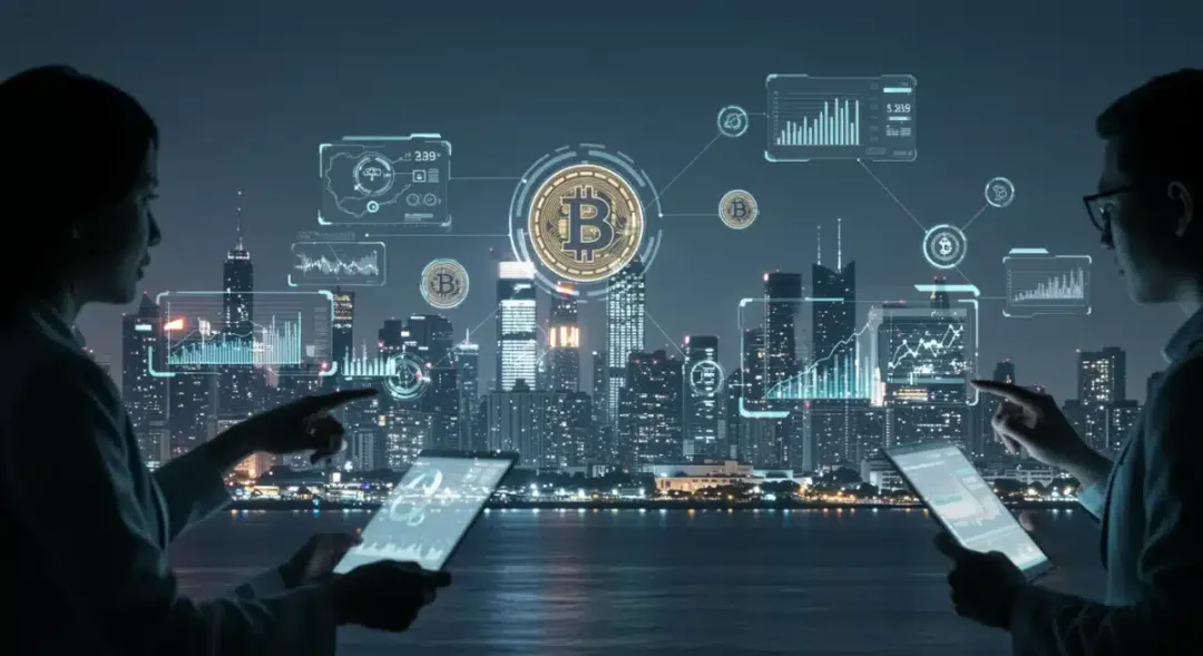 Paisaje urbano futurista con elementos de blockchain, representando la integración económica de las criptomonedas.
