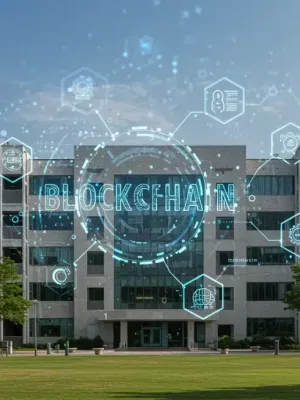 Edificio universitario futurista con elementos blockchain, simbolizando la investigación avanzada.