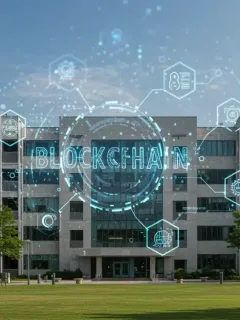 Edificio universitario futurista con elementos blockchain, simbolizando la investigación avanzada.