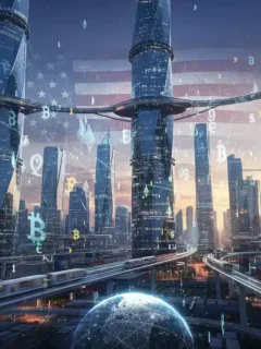 Paisaje urbano futurista con símbolos de criptomonedas, representando la economía digital y el impacto de las políticas de EE.UU. en 2026 en las exportaciones.