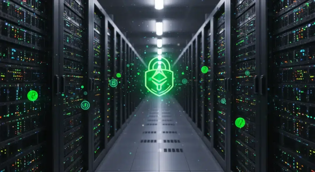 Centro de datos futurista y eficiente energéticamente, simbolizando la sostenibilidad y seguridad de Ethereum PoS.