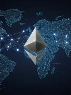 Logotipo de Ethereum 2.0 con nodos interconectados sobre un mapa digitalizado de EE. UU., representando su impacto en el mercado.
