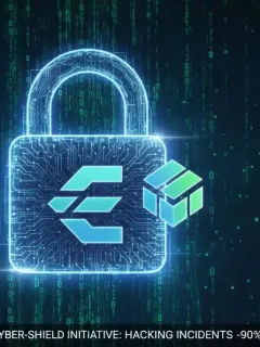 Candado digital protegiendo un logo de intercambio de criptomonedas, con código binario de fondo, representando la seguridad mejorada y la disminución de hackeos.