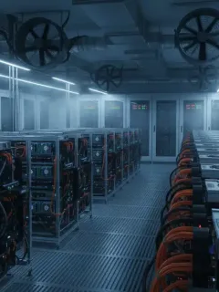 Granja de minería de Bitcoin de alta tecnología en Estados Unidos, con equipos ASIC y sistemas de refrigeración.