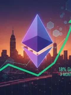 Gráfico financiero mostrando el aumento del 18% de Ethereum en el mercado estadounidense en tres meses, con el logo de Ethereum y un fondo urbano.