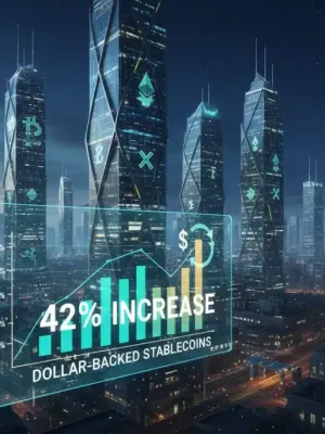 Gráfico futurista mostrando el crecimiento del 42% en el volumen de transacciones de stablecoins respaldadas por dólar para 2026, con elementos de finanzas digitales y blockchain.