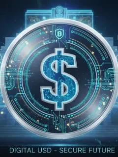 Representación visual de una moneda digital del banco central de Estados Unidos (CBDC) con el símbolo del dólar americano, mostrando seguridad y tecnología financiera avanzada.