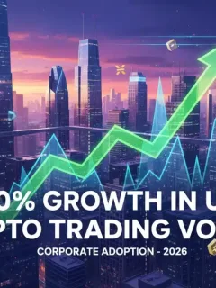 Gráfico ascendente de criptomonedas sobre un fondo de edificios corporativos, simbolizando el aumento del volumen de trading en EE. UU. por adopciones empresariales.
