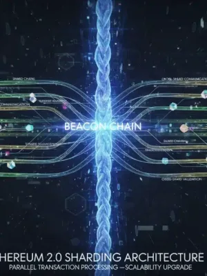 Arquitectura de sharding de Ethereum 2.0 mostrando múltiples cadenas paralelas procesando transacciones rápidamente.
