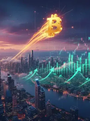 Gráfico ascendente de Bitcoin con el logo sobre un horizonte de ciudad, simbolizando el nuevo máximo histórico en mayo de 2026.