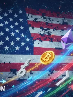 Gráfico ascendente de altcoins con el logo de Bitcoin y el año 2026, representando un rally del 15% en el mercado de criptomonedas de EE. UU. post-halving.