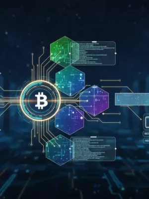 Representación visual de transacciones de Bitcoin, mostrando código hexadecimal, inputs y outputs en un entorno blockchain.