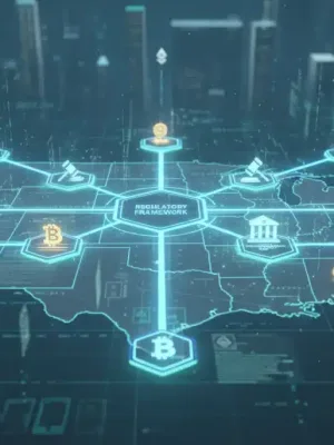 Mapa digital de Estados Unidos con símbolos de criptomonedas y nodos de blockchain interconectados, representando la evolución de la regulación.