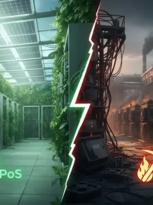 Comparación visual del consumo energético y la seguridad entre Proof of Stake y Proof of Work
